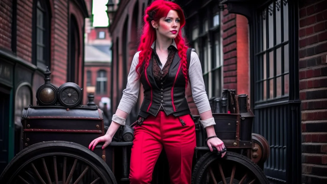 body portrait of a woman with straight shoulder-length red hair, with metal arms and legs, dressed in leather trousers, and a waistcoat, in a Victorian street next to a steampunk carriage, full colour
