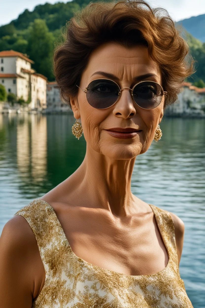 Act like a fashion photographer. Create a realistic photograph of a small Italian town at Como Lake in late spring with a 45-year-old, young look as her age, beautiful, Italian woman in Sophia Loren style with short hair and black eyes. Use a wide lens and a Fuji T30 camera for mild light, warm, golden hour photos from a distance, elegant red dress, romantic pose, Richard Avedon style