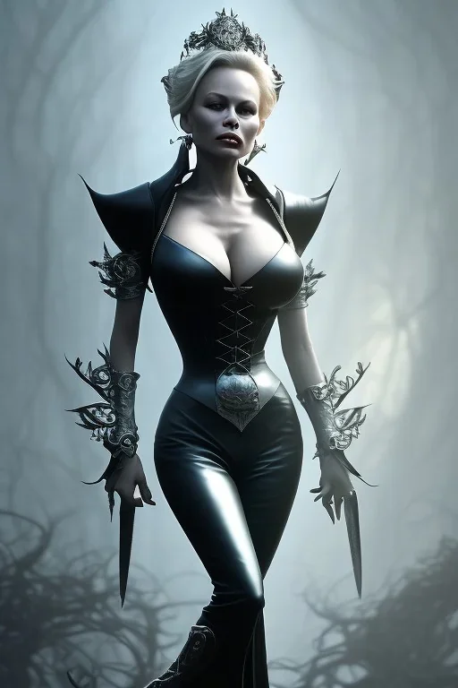 Pamela Anderson as evil queen in black leather, leather, busty, cleavage, angry, stern look. character design by cory loftis, fenghua zhong, ryohei hase, ismail inceoglu and ruan jia. unreal engine 5, artistic lighting, highly detailed, photorealistic, fantasy