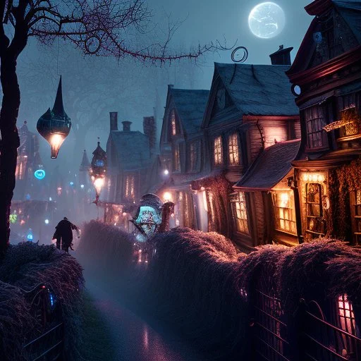 Detailed people, creepy street made of modeling clay, village, stars and planets, volumetric light flowers, naïve, Tim Burton, strong texture, extreme detail, Max Ernst, decal, rich moody colors, sparkles, Harry Potter, bokeh, odd