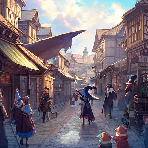  streetMarket, cute witch, town on top of hill,