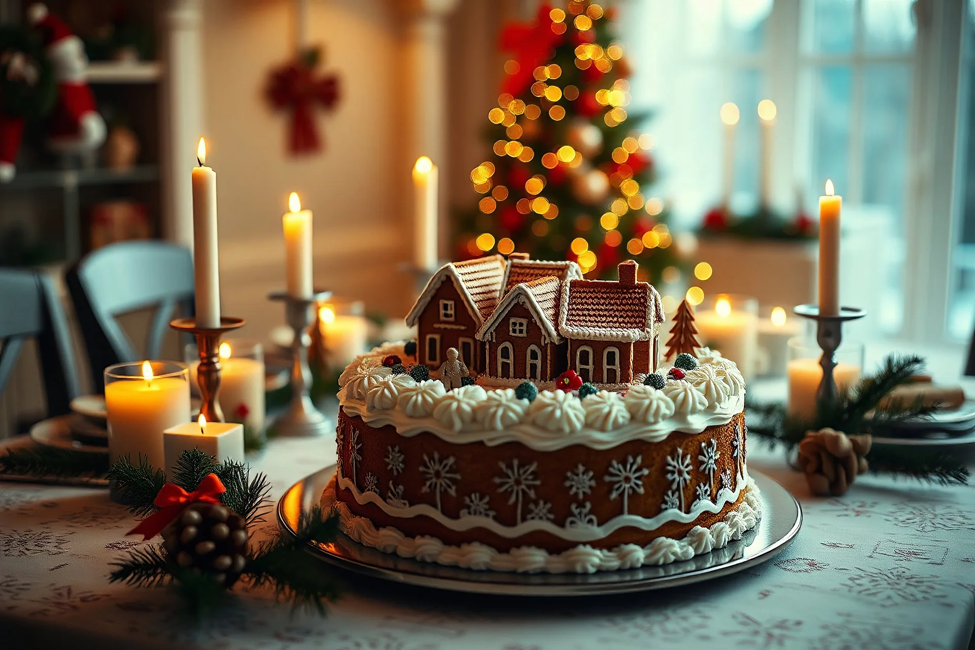 Christmas and New Year beautiful elegant family dinner table setting decorated with candles, fir tree branches, handmade craft toys. Gorgeous big homemade cake with gingerbread houses as centrepiece, Camera settings : Full-frame , 100mm lens, f/1.2 aperture, ISO 100, shutter speed 60 seconds. Cinematic lighting, Unreal Engine 5, Cinematic, Color Grading, real time Photography, Shot on 70mm lense, Depth of Field, DOF, Tilt Blur, Shutter Speed 1/2500, F/13, White Balance, 45k, Super-Resolution