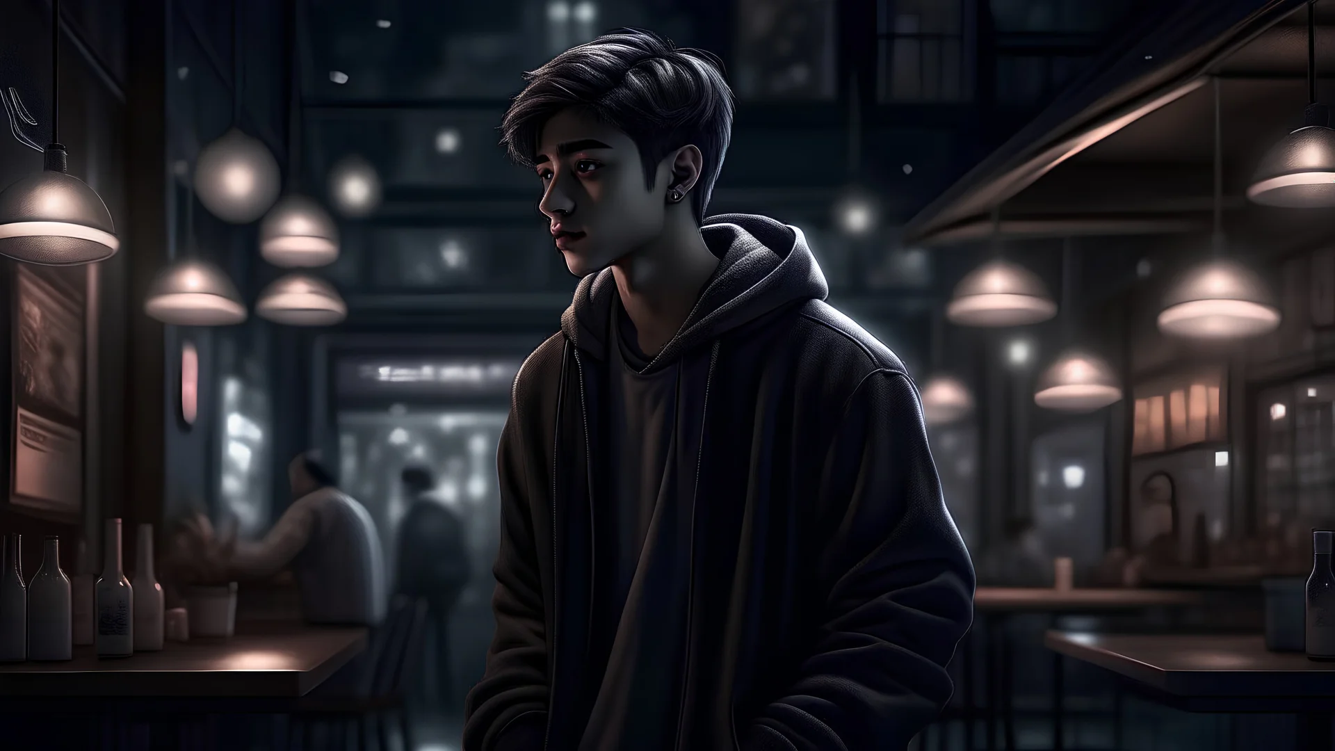 a young man traumatized, detail, smooth render, city scenery, restaurant, full body, down-light, dark winter, ar 16:9