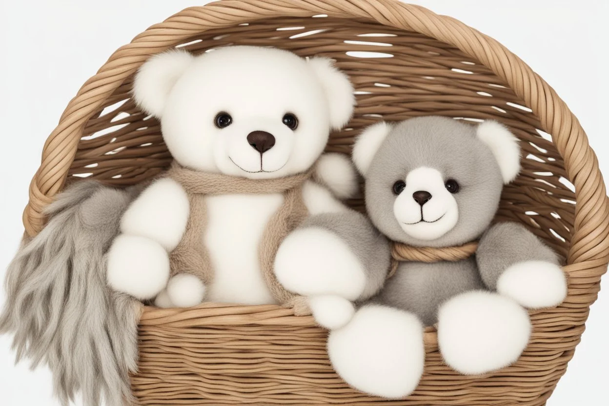 Cute but quirky stuffed animals lie in a carved basket on a soft sling, by candlelight