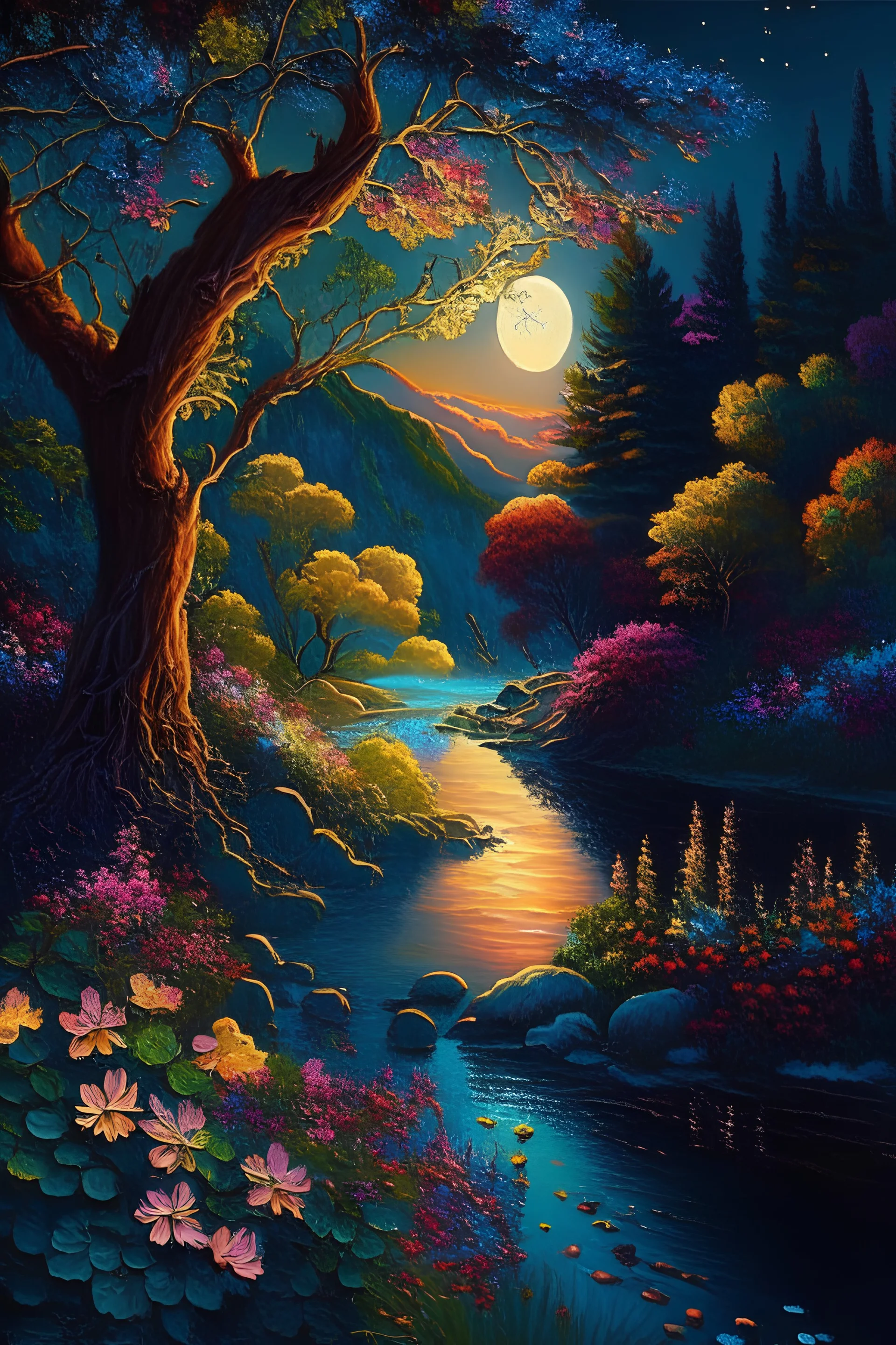 full light,highlight, trees, river, day, sun day, an idyliic forest with bright colorful flowers, mountains, sun,flower, a small river, paradise, heavenly atmosphere in the moonlit night, detailed painting, deep color, fantastucal, intricate details