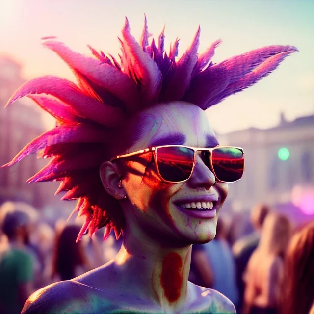 Ultra Realistic photo, medium shot view, drunken dancer bikini woman, carnival scene, monster hair, steampunk. Red hair, confeti, Sunglasses, smile, happy, festival. ovni, alien, gradient color fog. highly detailed, concept art, unreal engine 5, ray tracing, RTX, lumen lighting, ultra detail, volumetric lighting, 3d, finely drawn, high definition, high resolution.