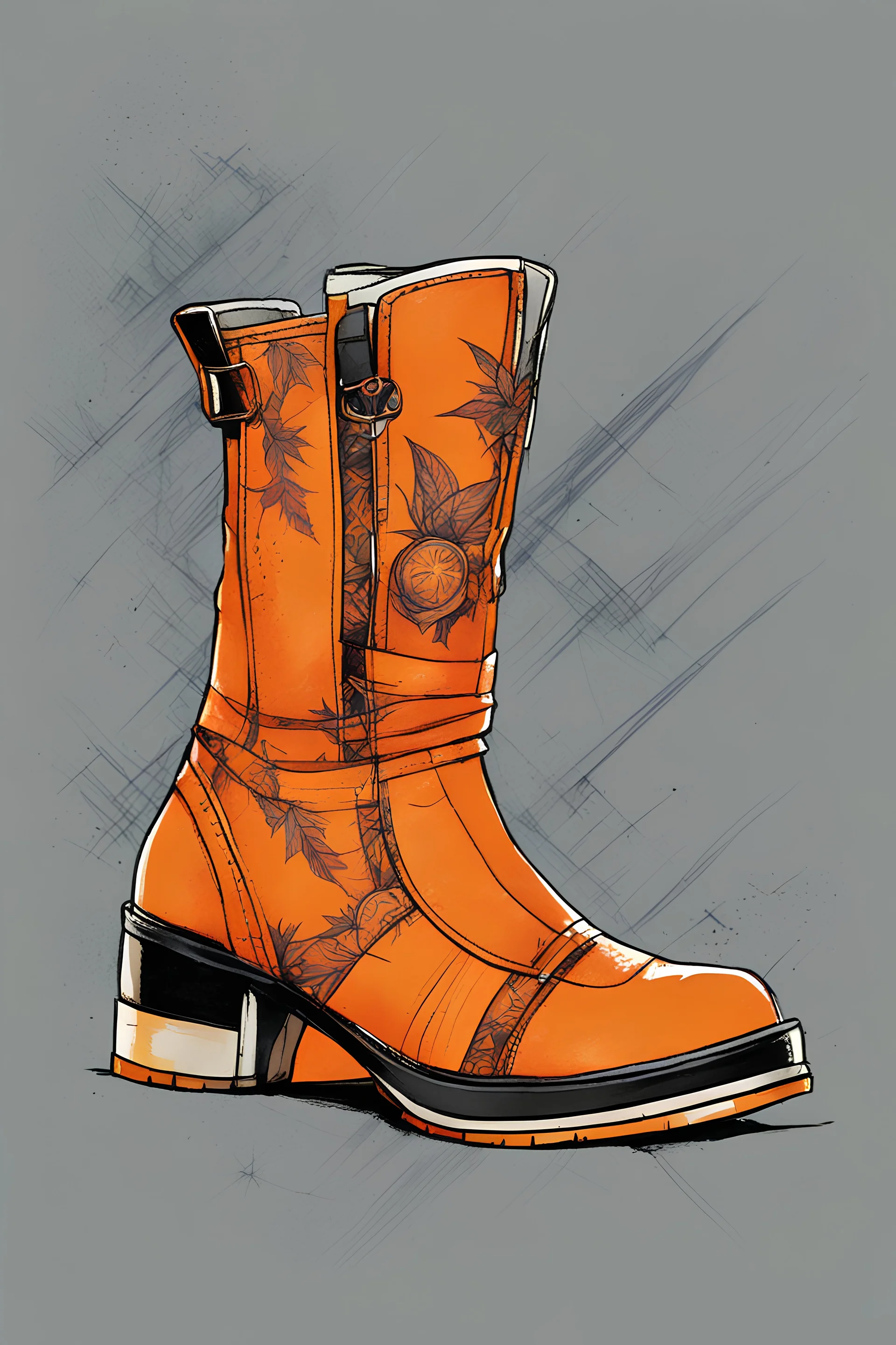 create fanciful women's Chelsea boots with decorative orange stitching, illustrated in the comic book style of Bill Sienkiewicz and Frank Miller, highly detailed, 4k