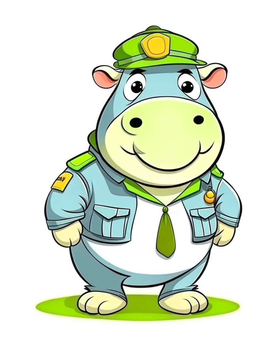 baby hippo as tourist guide wearing tourist guide uniform, cartoon style, safari background, colorful, high quality, high details