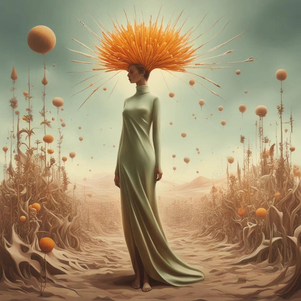 a full body portrait of how she became a victim of her own abstract thinking, her mind beset by a thousand fritillary mechanistic organisms , neo surrealism, biomorphic , striking, atmospheric, dreamlike, enigmatic, in the style of Yves Tanguy , Kay Sage in soft organic colors, hyper detailed , cinegraphic realism, 4k