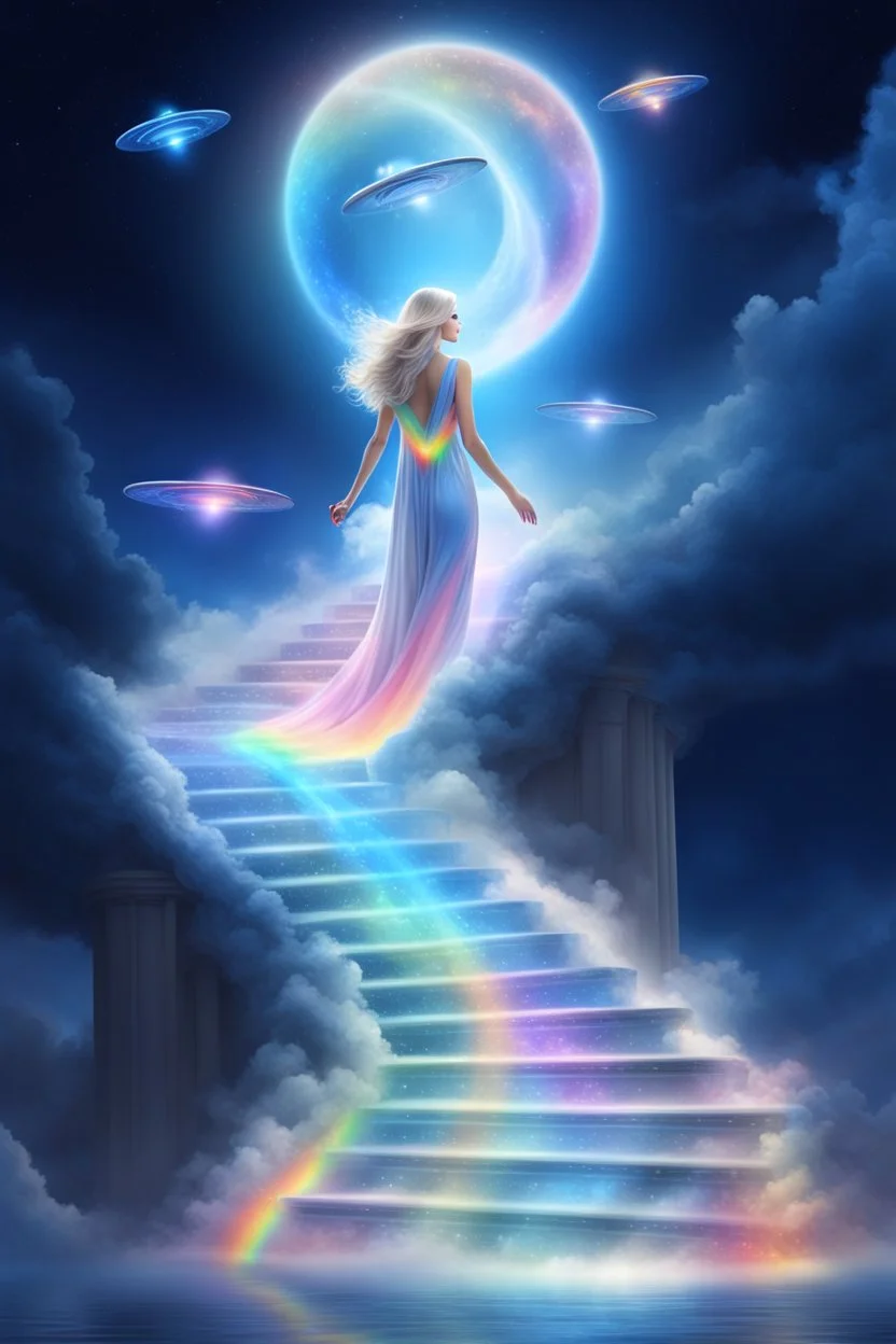 fantastic,Beautiful woman, stairway to heaven whit rainbow, ufos arc en ciel futuriste très beau