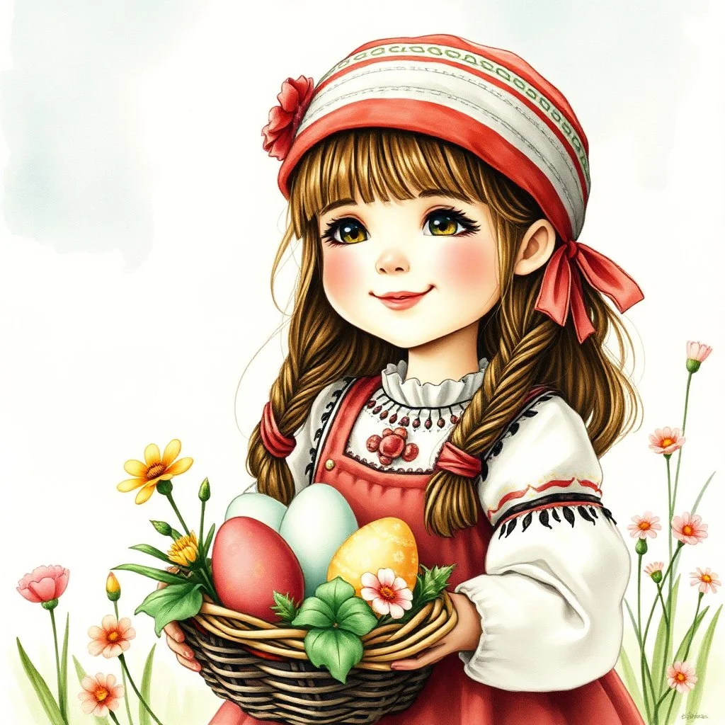 Easter Swedish smiling little girl native costume easter basket eggs flowers spring Thomas Wells Schaller, watercolor and ink, delicate