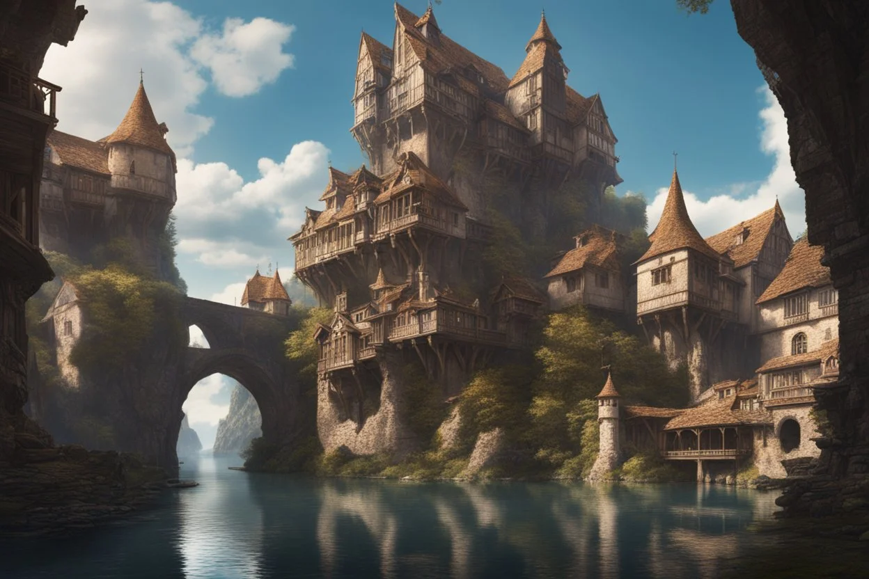 medieval buildings with balconies overhanging lake edge with blue sky and people, photorealism detailed matte painting, fantastical, intricate detail, splash screen, concept art