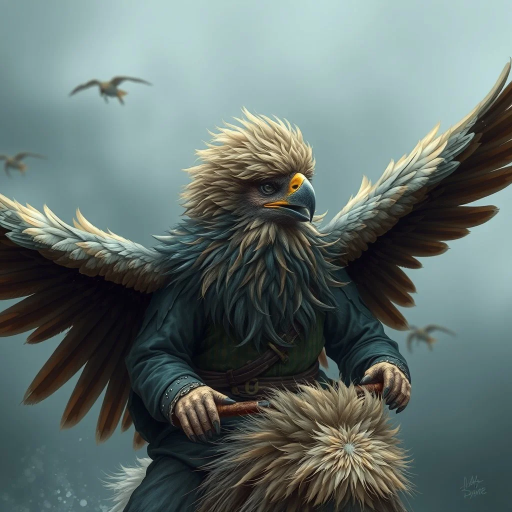 bird rider with wings and beard and hair is full of feathers