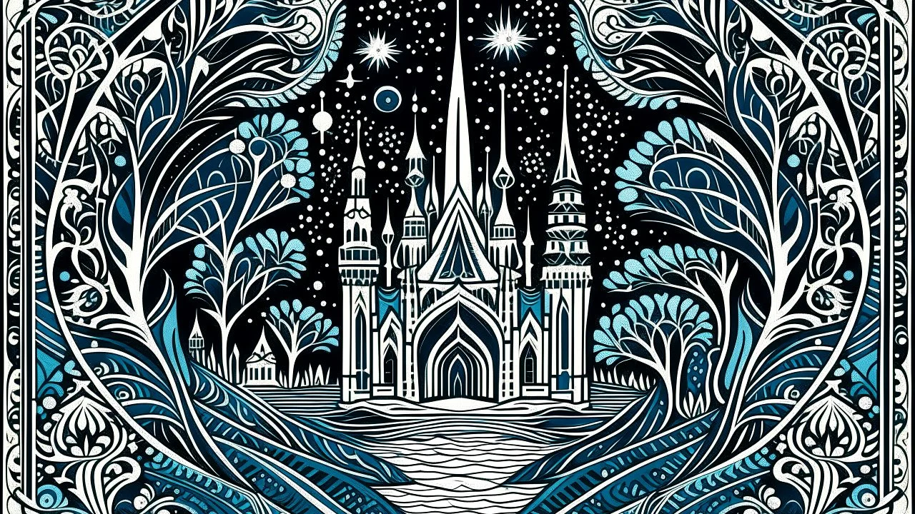 linocut, relaxation, luxury, dream world, calm beauty, symmetry, fantasy world, magic, beautiful composition, exquisite detail