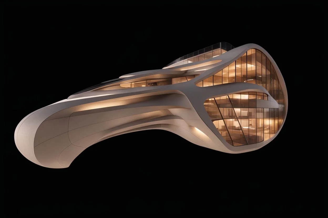 Edificio de concreto, ventanales de vidrio, estilo Zaha Hadid, calidad ultra, hiperdetallado, 8k, 3D