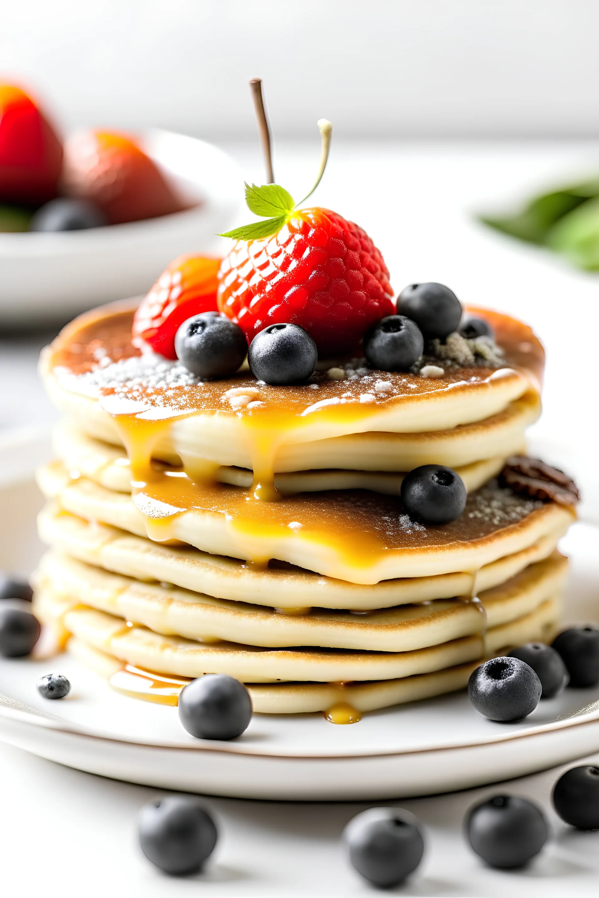 A stack of fluffy pancakes topped with fresh berries and whipped cream.