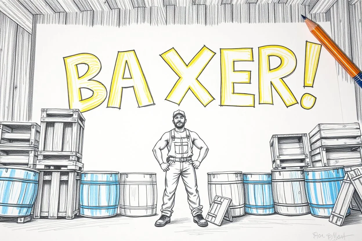 a drawing with sketch lead pencil, The word "BAXER" in yellow floating like a big sign, strong painting, strong expression, BAXER!, BAXER! the word Baxer, WOODEN CRATES AND BLUE BARRELS, A WORKING MAN STANDS THERE WITH VERY BIG STRONG MUSCLES