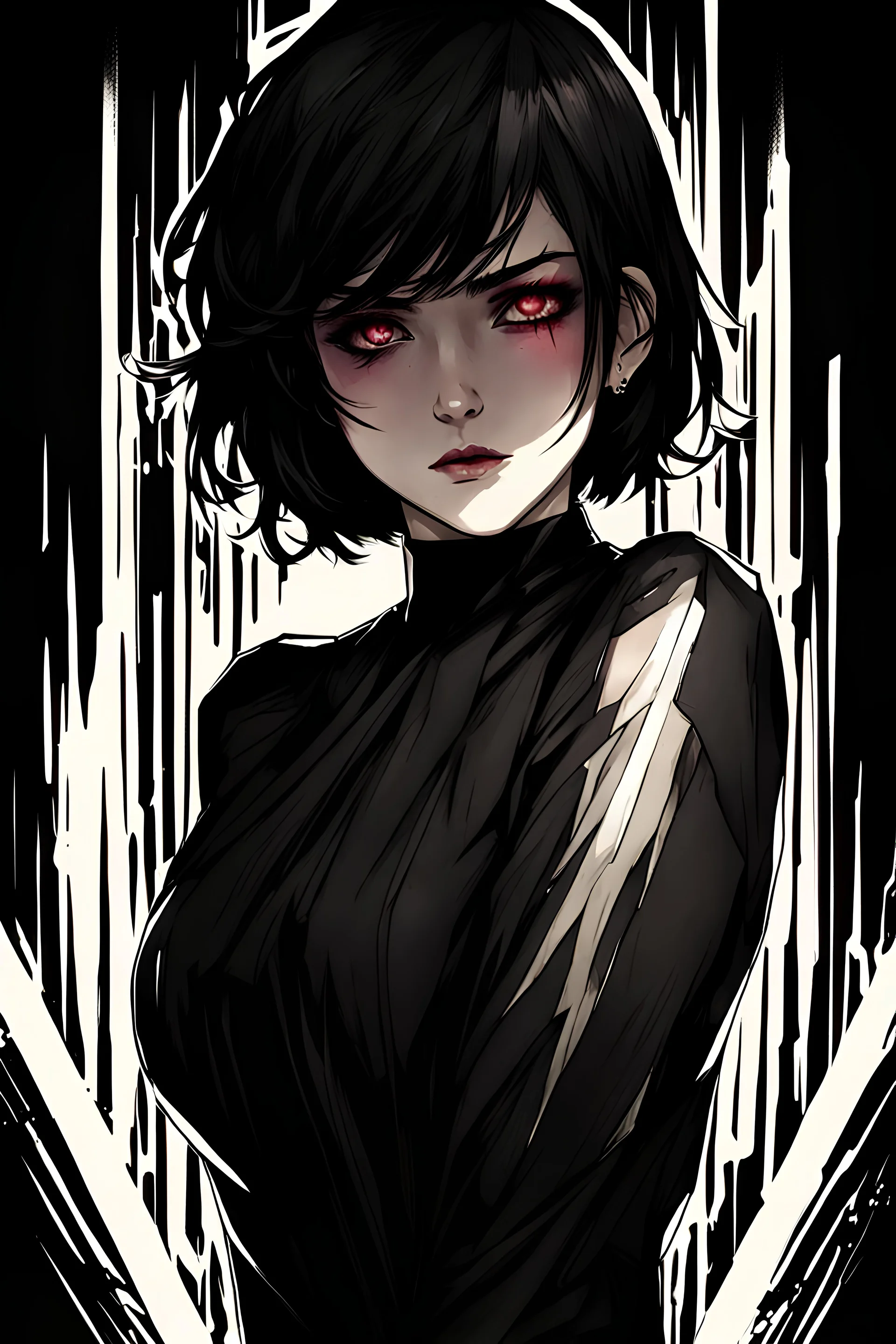 short hair girl, dark side, obscure, power, dark, villain, aesthetic, high resolution, horror