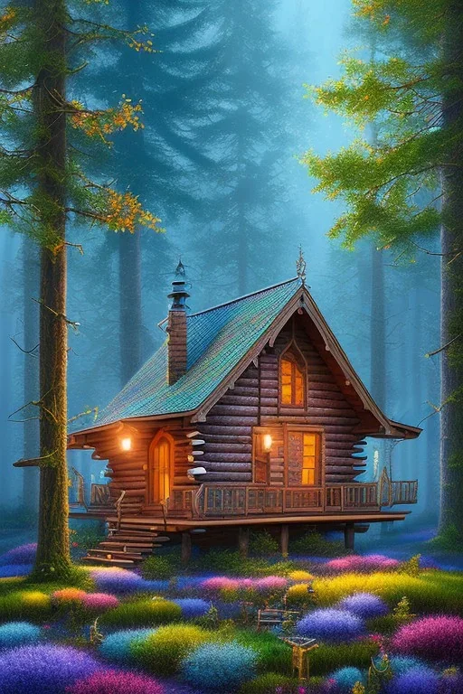 sharp focus, mystical forest, wooden cabin, Neo-Impressionism, mystical, purple blue yellow silver teal black olive azure, red, pink, brown,