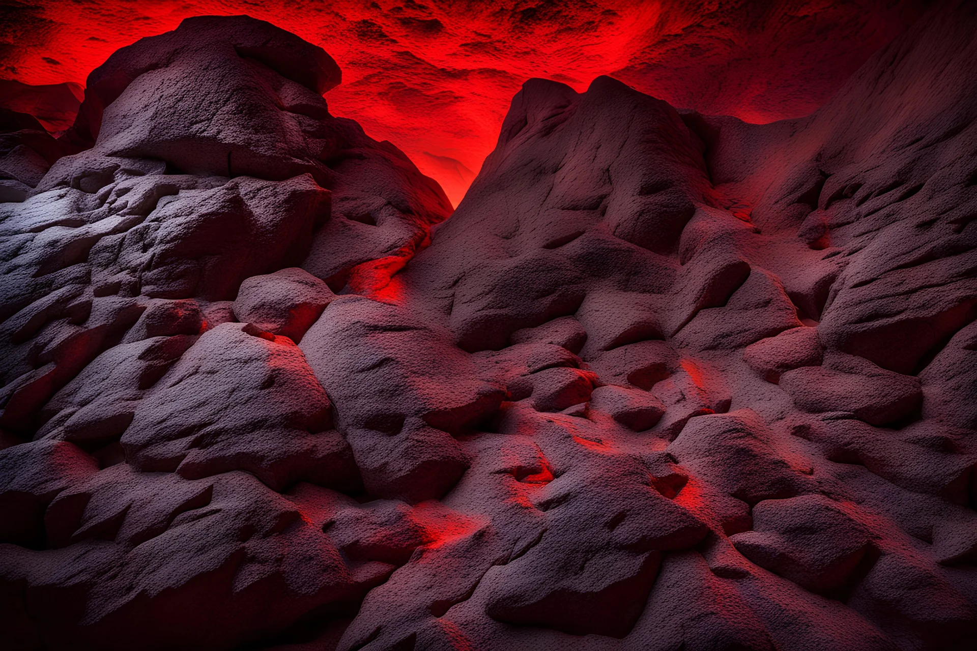 wet rocks, complex rock relief, illuminated from below with red light, like in Hell.