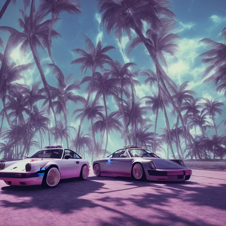 1980's aesthetic vaporwave palm trees and spheres and Porsche with lightning