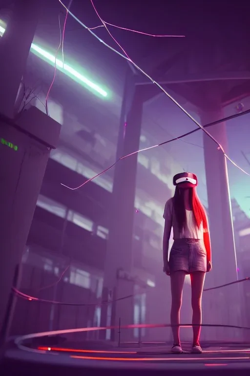 3d, si-fi hunger , far away a girl in the middle, stand on round platform, connected by wires , vr googles, beautifully color coded, super detailed, moody lighting, volumetric lighting, night time, girl in the middle