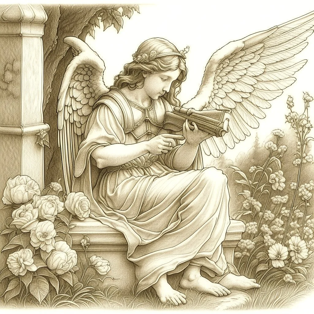 renaissance style angel, sitting in a garden, inspecting a handgun, pencil sketch, beautiful