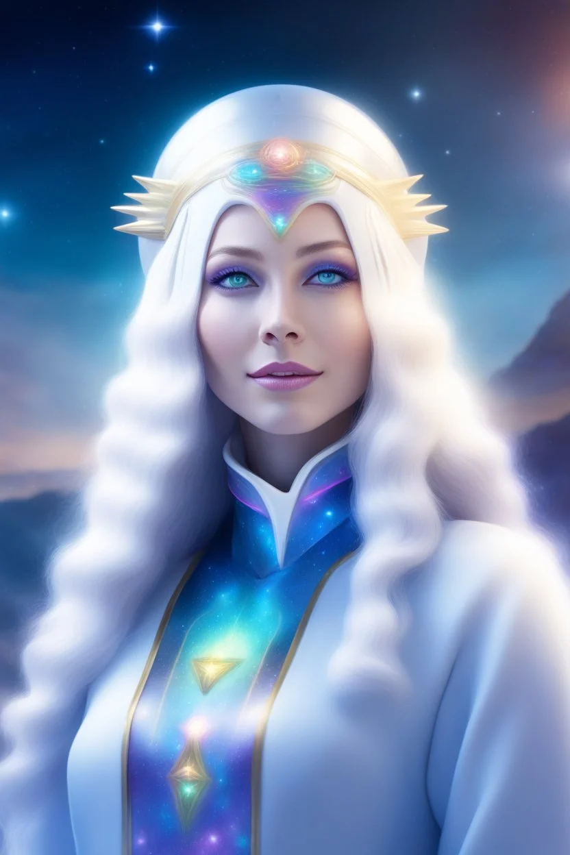 cosmic woman ,beautiful ufos rainbow, admiral from the future, galactic confédération, fine whole face, crystalline skin, expressive purple eyes,rainbow, smiling lips, very nice smile, costume pleiadian, Beautiful tall woman pleiadian Galactic commander, ship, perfect datailed golden galactic suit, high rank, long blond hair, hand whit five perfect detailed finger, amazing big puple eyes, mouth, high définition lips, cosmic happiness, bright colors