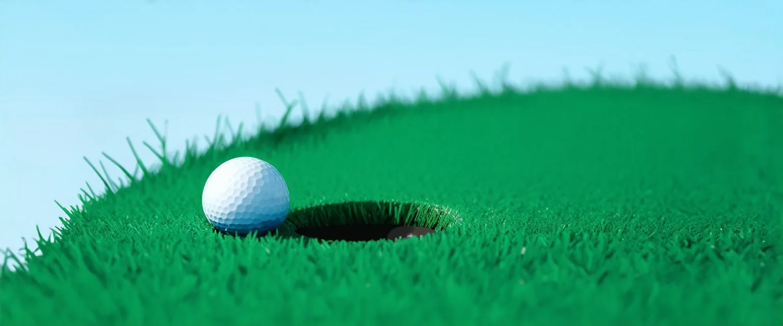 golf ball with shadow next to the hole, ground is short groomed green grass, clear blue sky, add texture and depth, realism