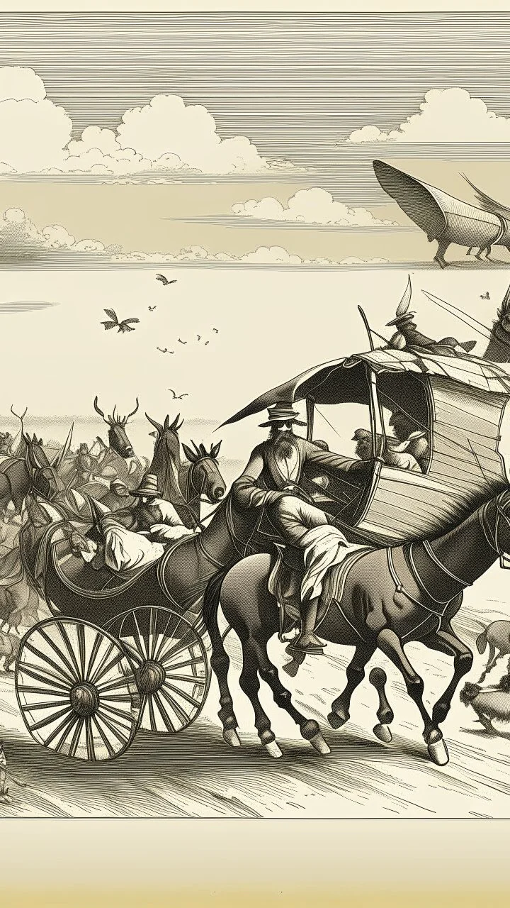 قافله من المهاجرين في الطريق مع عرباتهم وحميرهم وفي السماء طيور سوداء تطير في السماء