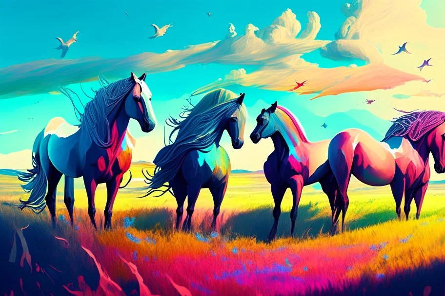 illustration fantasy horses of different colors in a field from afar