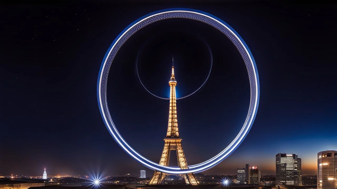 a city scape with skyscapers in a bdarkblue stary sky at background ,with a huge vertiacal ring structure like a lens zoom on midle-city