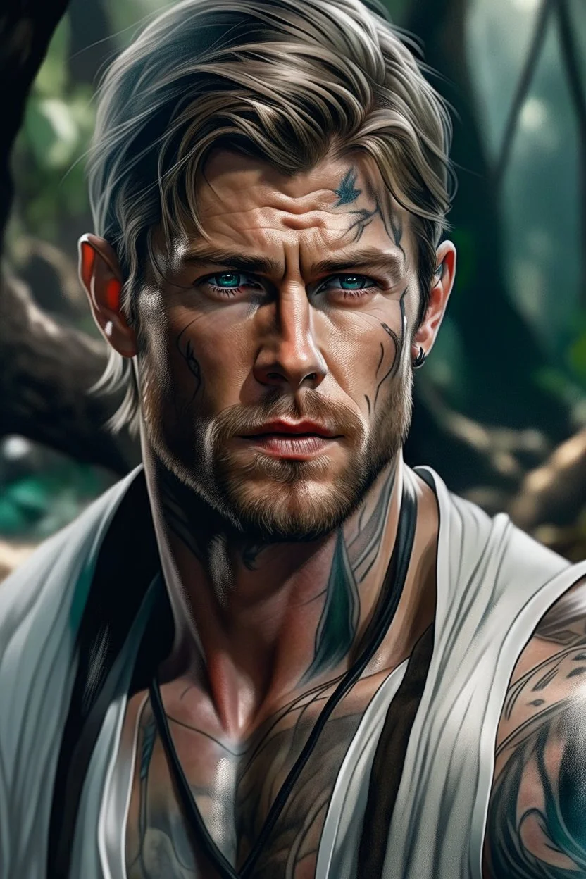 Portait young chris hemsworth as fantasy alpha werewolf in human form very muscular short cropped dark hair and stubble on chin, tribal tattoos wearing white button up shirt with rolled up sleeves realistic face, close-up, dark fantasy, fantasy forest, intricate details, hyper detailed, photograph