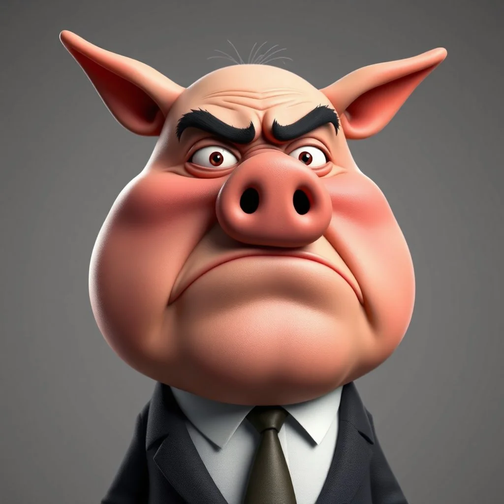 An 3D image of a comic character of Iván Duque Márquez, fat, with a pig's nose and ears, in a suit, a little angry.