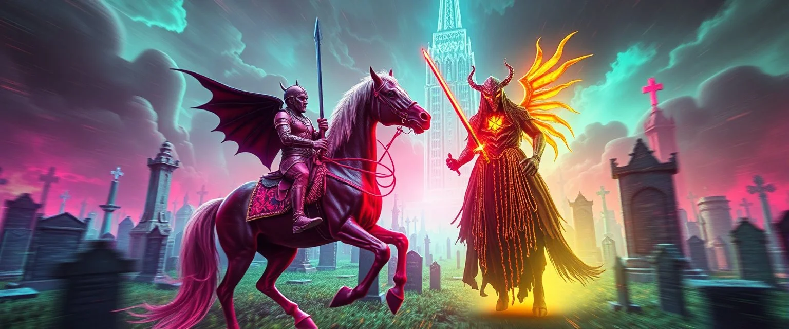 Epic portrait of paladin horse vs demi-lich in tower cemetery in the style of Giger and Escher in Transparent Psychedelic Fluorescent Colors looking like a Record Cover, multidimensional depth of field, motion blur