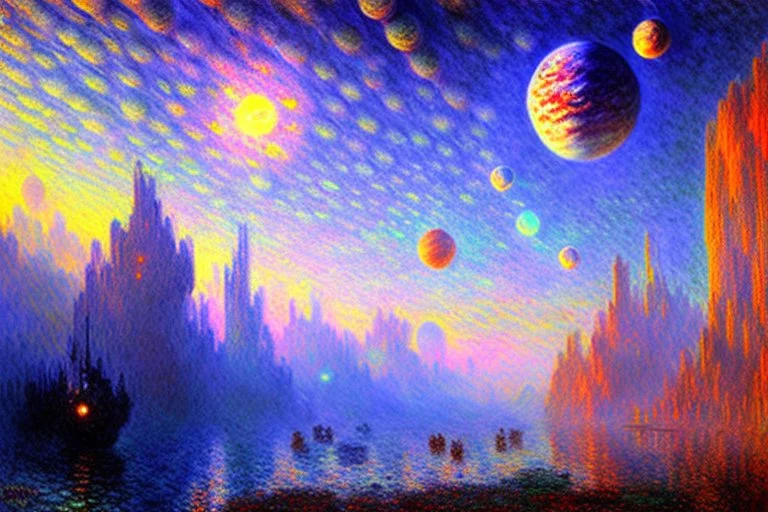 Epic futuristic street, exoplanet in the sky, claude monet impressionism painting