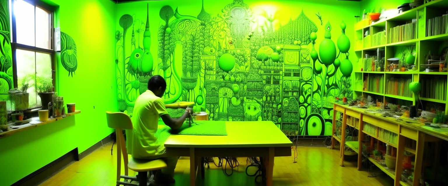 A lime green cybernetic workshop designed in Indian Gond art painted by Zosan