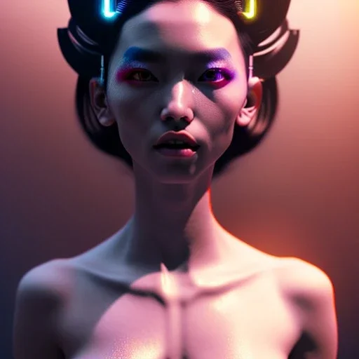 Woman, black hair, white skin, geisha, cyberpunk, neon, highly detailed, art stations, concept art, smooth, unreal engine 5, god rays, ray tracing, RTX, lumen lighting, ultra detail, volumetric lighting, 3d, finely drawn, high definition, high resolution, gradient background