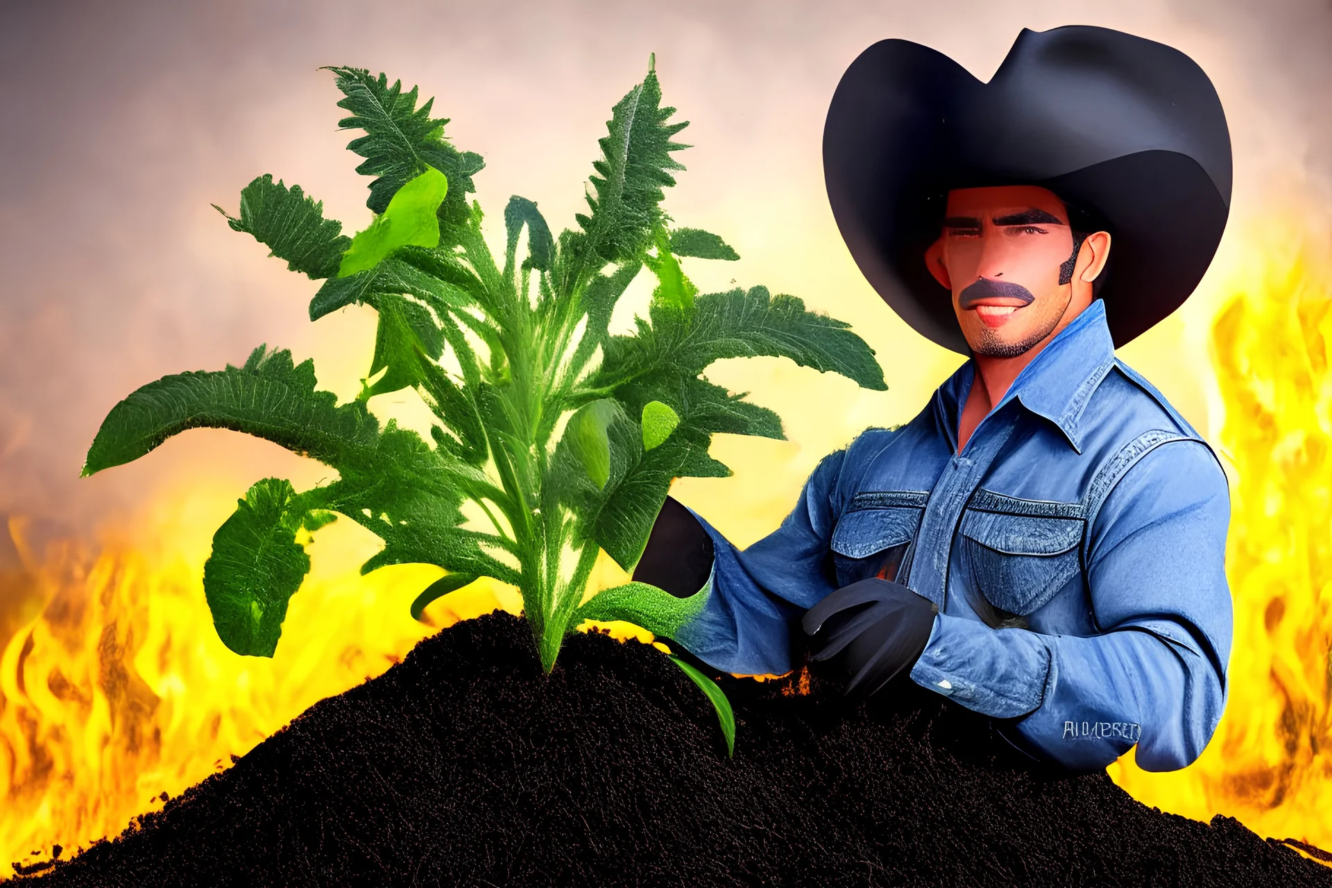 cowboy holding a plant growing in biochar. Biochar background