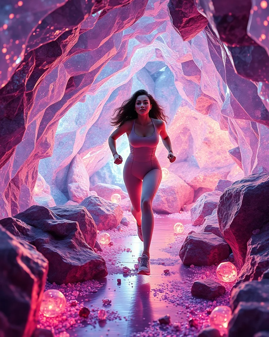 make a video pretty crystal cave covered with jewells and CIFI jewell lights and 3d recursive cubic and sphere base pearls and a beautiful fashion model lady with cute,curvy hair,makeup, in pretty sports suit is running inside cave ,dynamic camera fallow her inside cave capturing full body, dynamic lights.