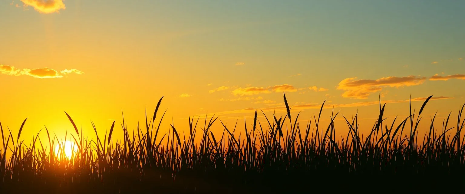 green grasses silhouette across bottom, with golden sunset sky in background, vector