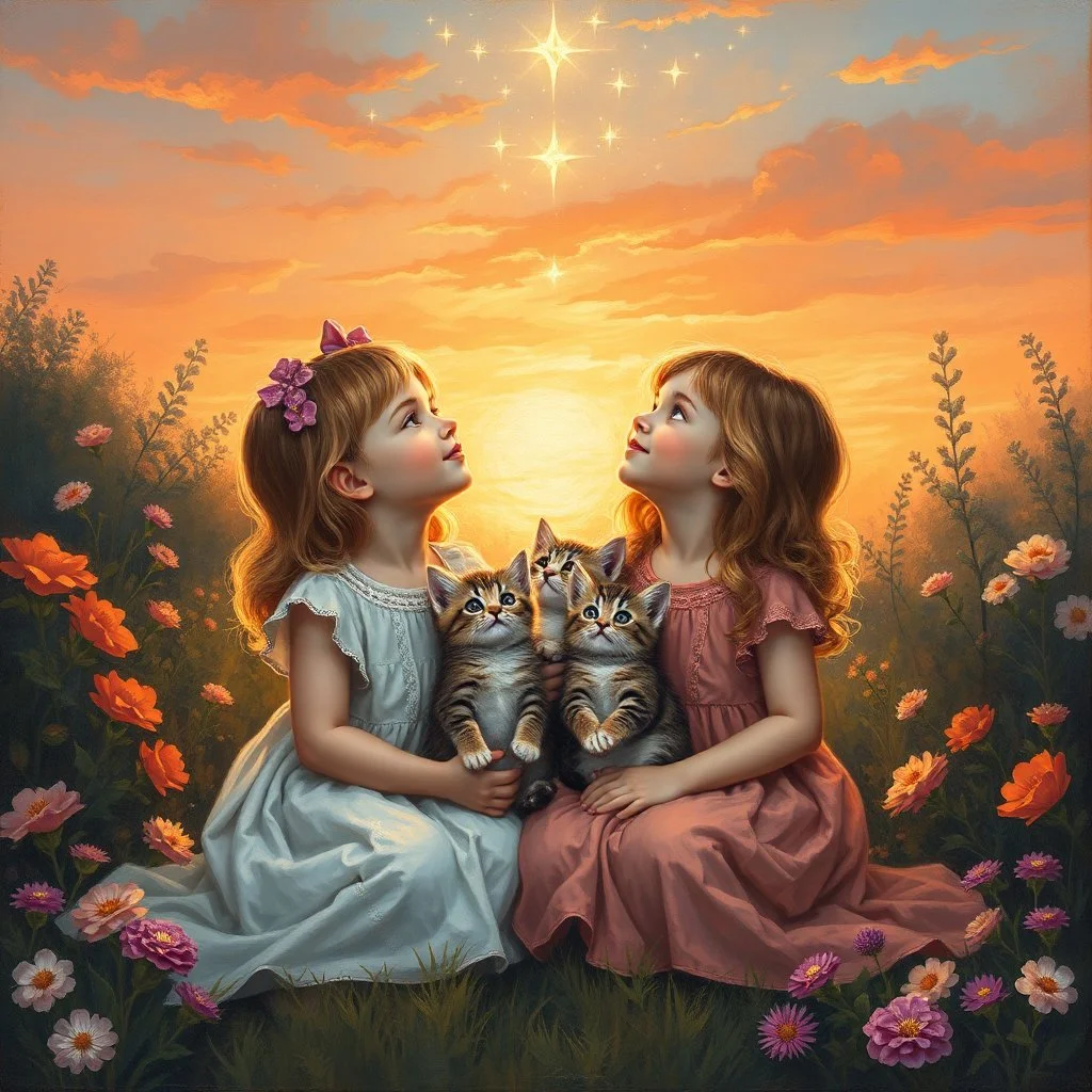 A magical moment in a painterly sunset garden. The two girls sit close together with the three kittens cuddled between them, looking up toward the glowing evening sky. Above them, soft light trails, sparkles, or a glowing star emerge — a touch of fantasy as if nature itself whispers to them. The warm colors wrap around them: coral, gold, rose, and soft blue. The composition feels like the closing page of a gentle fairy tale. Painted with rich oil textures, craquelure, and poetic atmosphere. --v