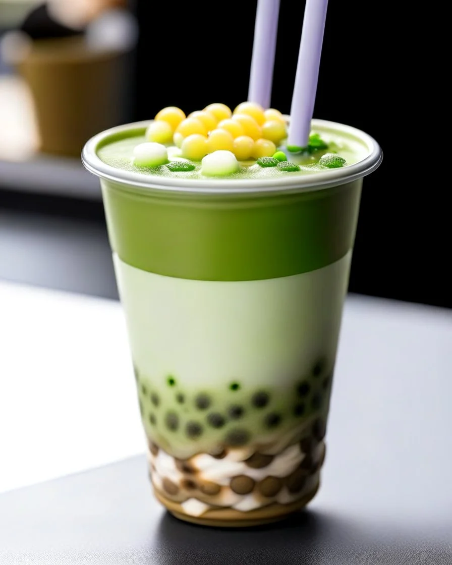 A diverse and flavorful boba drink, with a mix of traditional and modern elements, such as a blend of matcha and taro flavors, topped with a scoop of mochi ice cream and a drizzle of honey.