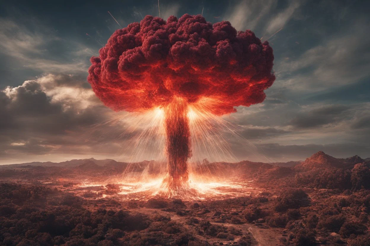 Atomic explosion, made of red vine, ULTRA REALISTIC, details, intricate detail, professional lighting, film lighting, 35mm, anamorphic, lightroom, cinematography, bokeh, lens flare, film grain, hdr10, 8k, Roger Deakins, incredibly detailed, reflect, sharpen