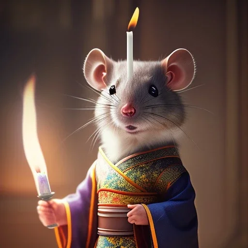 a cute litte rat wearing Hanfu, holding a large candle, BK complex detail, cinema, reality, detail, octane rendering, stoic cinematic 4k epic detailed photograph shot on kodak detailed bokeh cinematic hbo dark moody 8k, 85mm f/16 by leica