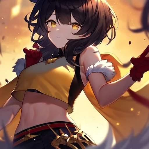 Clear focus,High resolution, Black short fluffy hair, and yellow eyes, wearing a black short skirt, sleeveless crop top, wearing long dark red gloves, yellow cloak