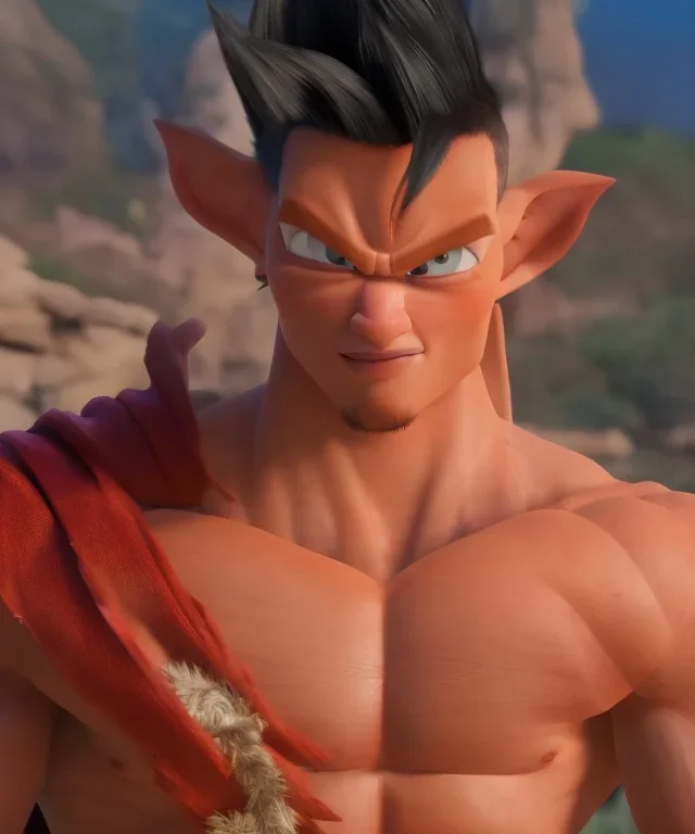 Goku, avatar style, fighting pose, muscular body, shirtless, volumetric details, hyper realism, unreal engine 5