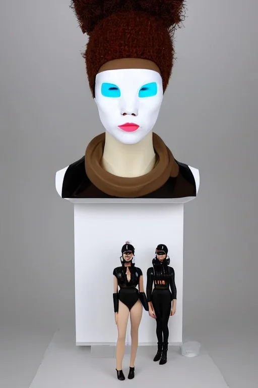 Post-apocalypse. Cinnamon. Technological singularity. Fake smile, camera-eyes, cables, selfies, 3D-tiles background, lighted shelf full of heads. Cyber-punk full-mask. Lay figure woman with plastic milky, plank skin. Repugnant behavior. Haute Couture 90's long tippet. Light right. Silver, black, Cyan. Big AKG headphones. Golden rings and discs. Thick tights, Thick calves, Curved fell, Wide hip. Nature. Sweat, tears and blood. Cow. Torso out of neck, fractal, highly symmetrical