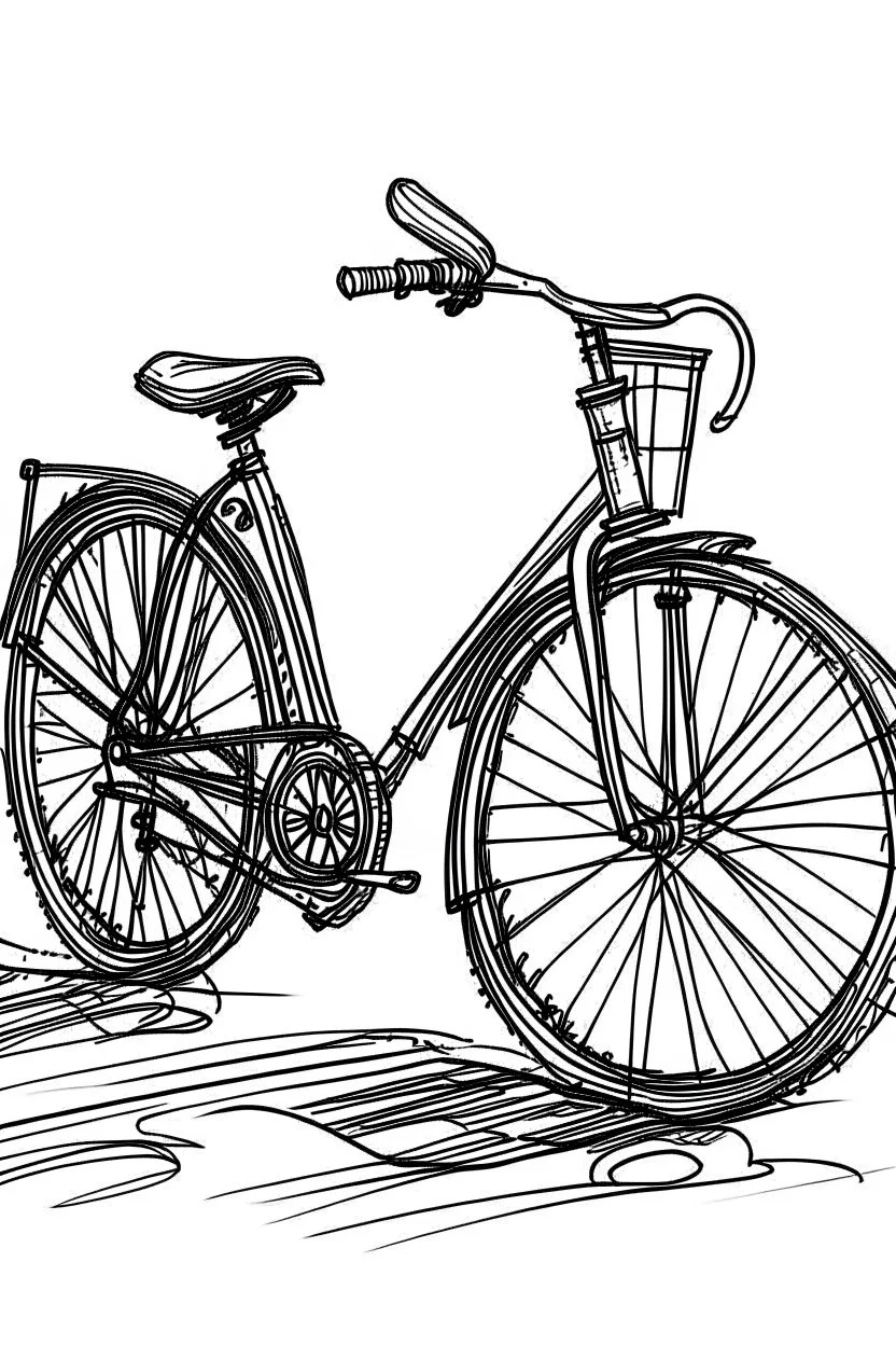 Outline art, no shading, , cartoon style, bicycle, black and white, low detail, --ar 9:11