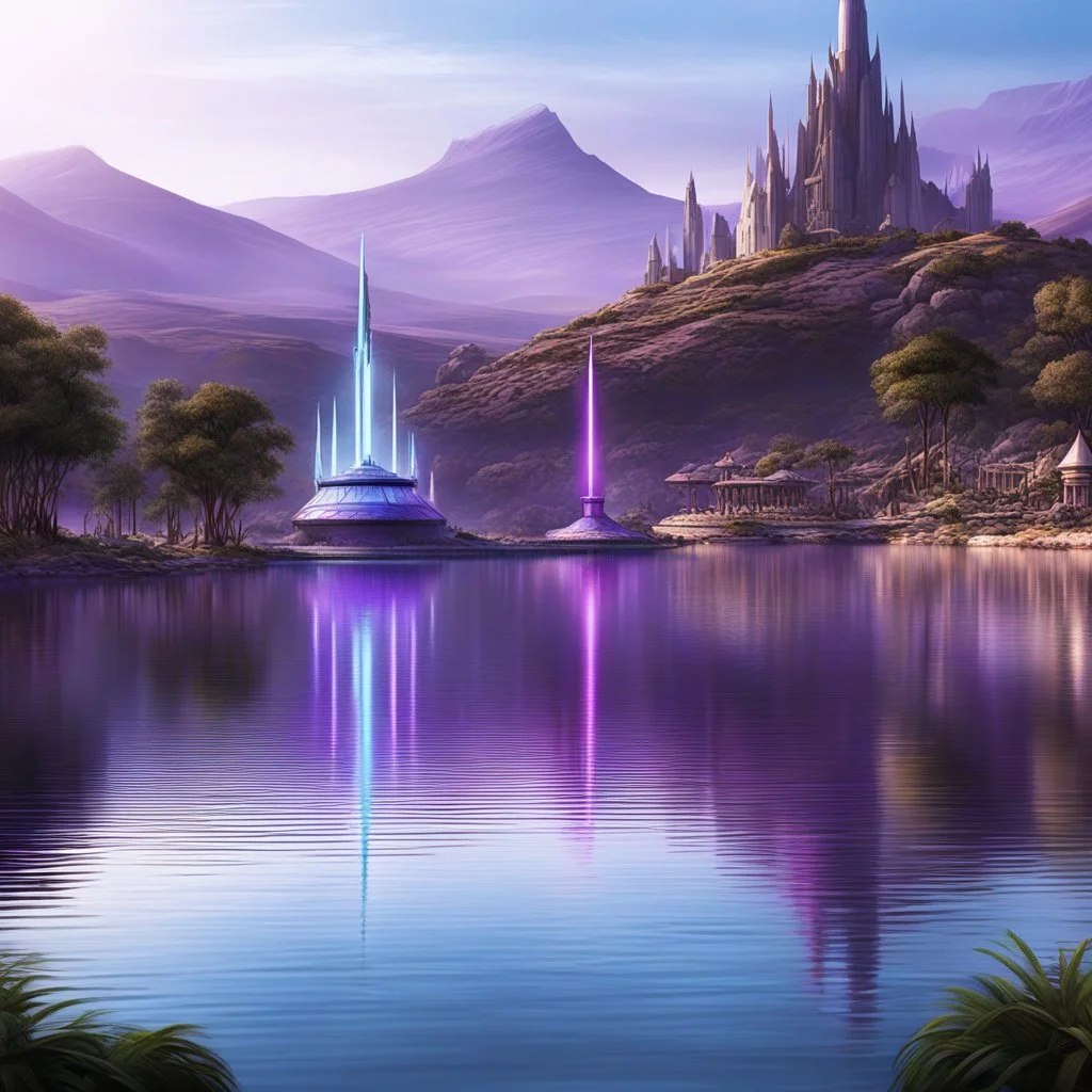 the lake and Excalibur with a purple touch of Mace Windu, surrounded by Jedi apprentices